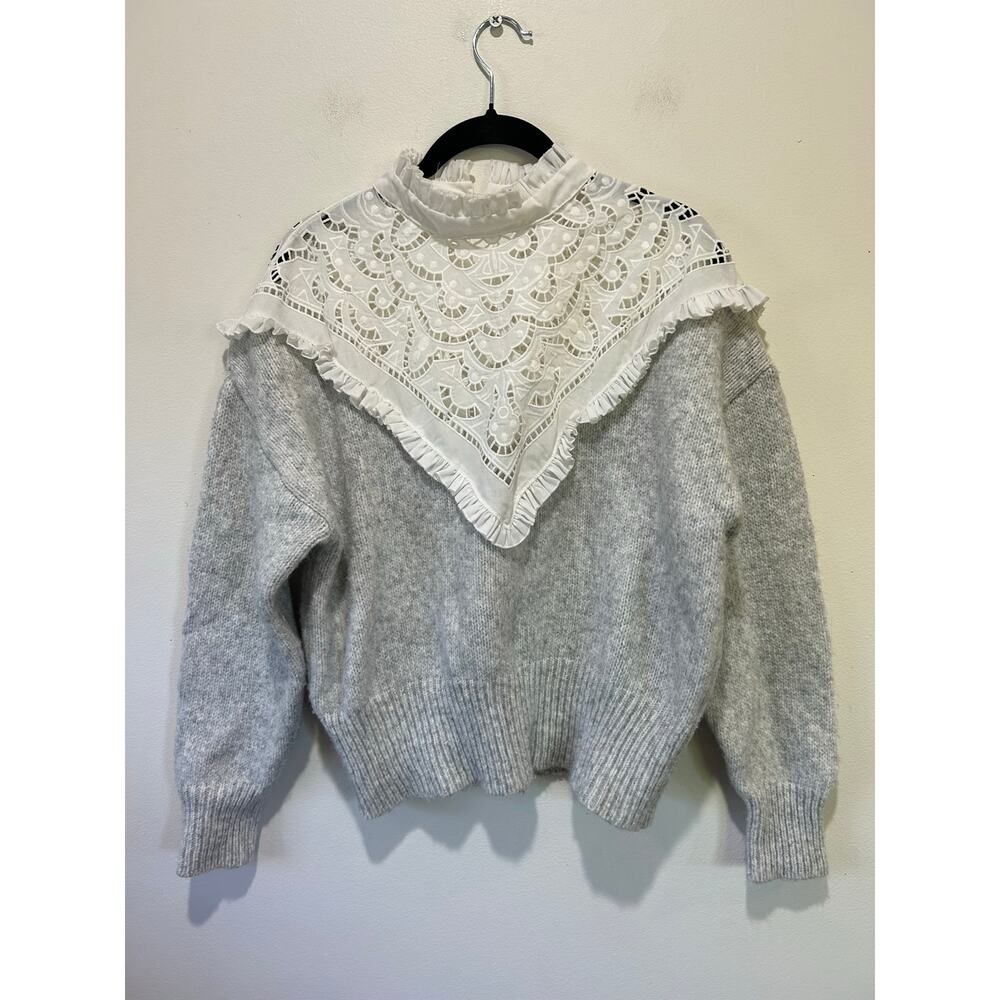 Zara grey knit sweater with lace detail womens S mixed material romantic
